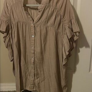 BiBi Tan Button-Up Blouse with Ruffle Sleeves